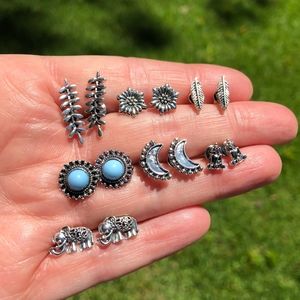 Hindu Bohemian Indian 7 Pair Turquoise Silver Earring Set